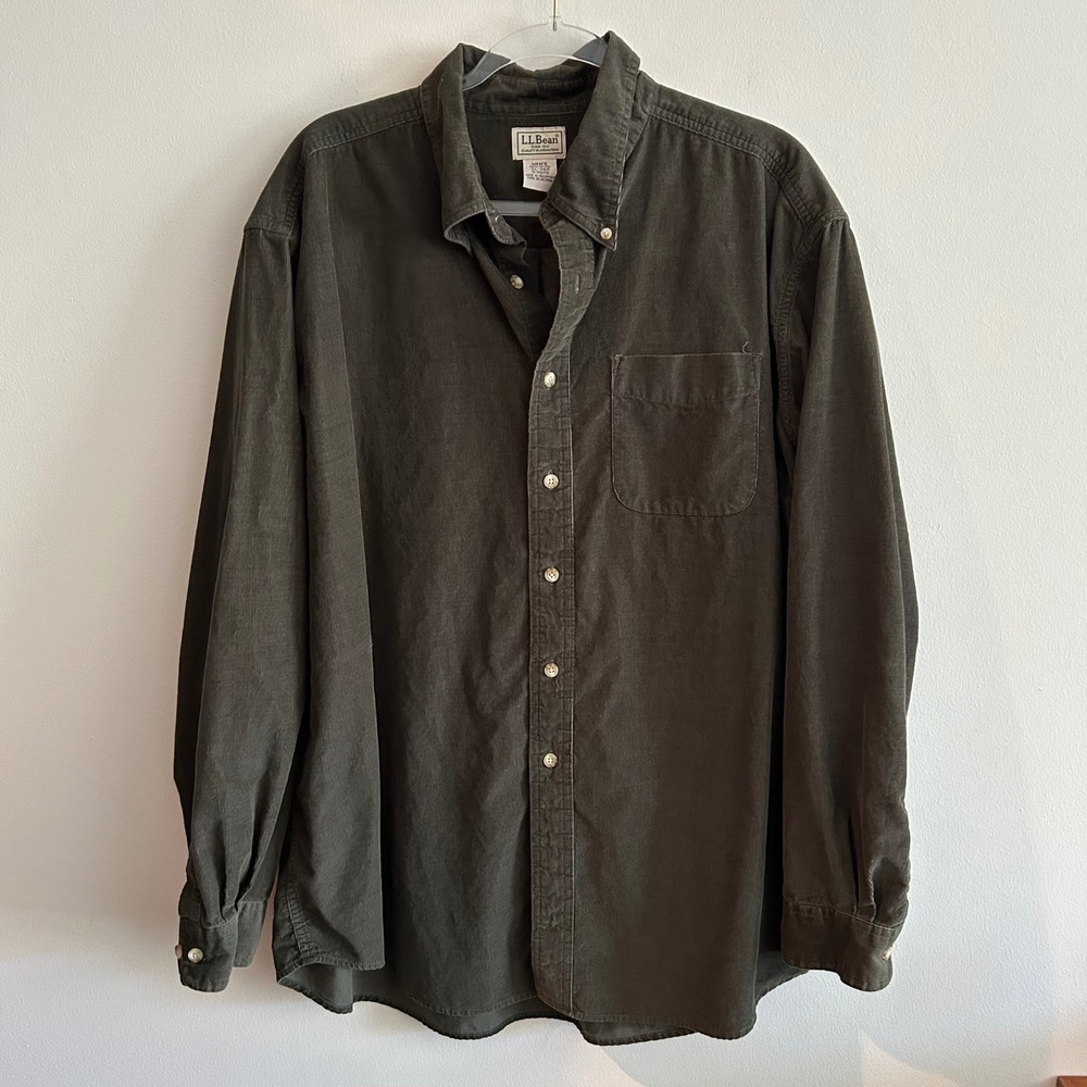 LL Bean Corduroy Shirt Olive Green XL Regular Long Sleeve Button Down